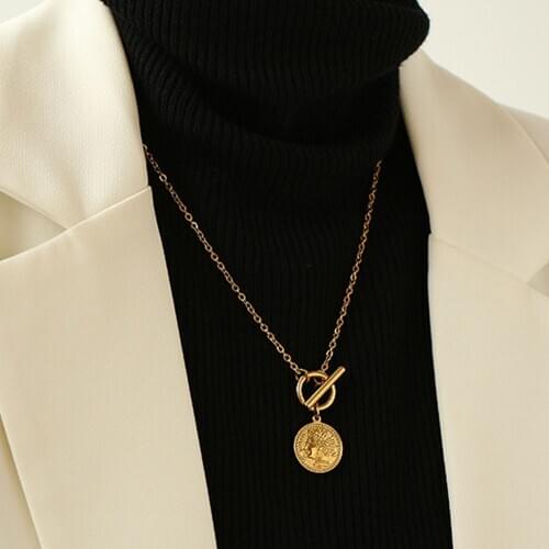 Vintage Style Gold-Plated Coin Pendant Necklace All Material Stainless Steel Necklace Single Jewelry for Women