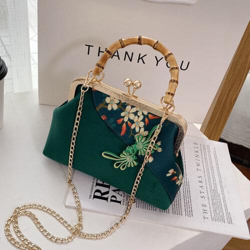 Chic Lady Embroidery Womens Handbags Purses Bamboo Wood Hand Bags Bag Lock Shell Vintage Chain Women Shoulder Crossbody Bags