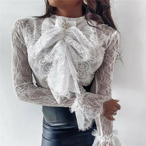 Womens Lace See-Through Long Sleeve Tops Office Lady Elegant O-neck Shirts Stylish Casual Soild Slim Flowers Shirt
