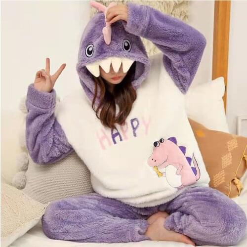 Womens Pajamas Winter Flannel Pajamas Set Women Long Sleeve Sleepwear Thick Warm Top + Pants Pajamas Female Pyjama Home Wear