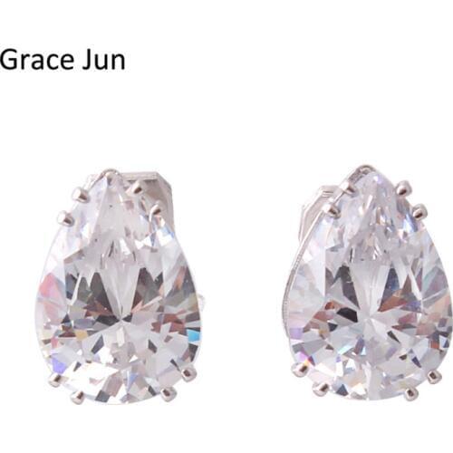High Quality AAA Cubic Zircon Water Drop Shape Clip on Earrings Without Piercing for Women Wedding Party Fine Jewelry Accessory