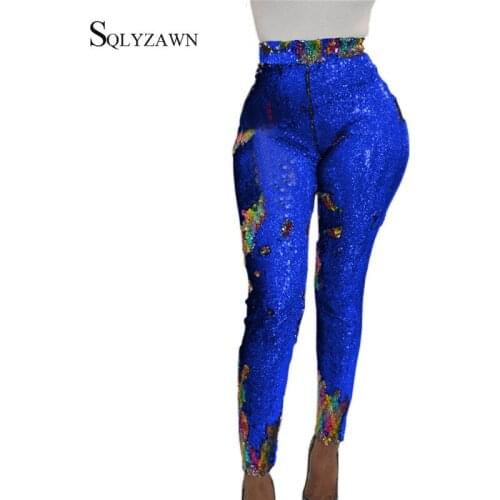 Women High Waist Skinny Sequins Glitter Pants Ankle-Length Pencil Pants Plus Size Sequined Party Trousers Clubwear Streetwear