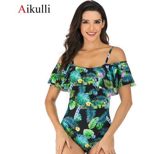 Aikulli Woman Swimsuit One Piece Green Floral Bathing Suit for Women Big Leaf Beach Swimming Vintage Bather Sexy Female Swimwear