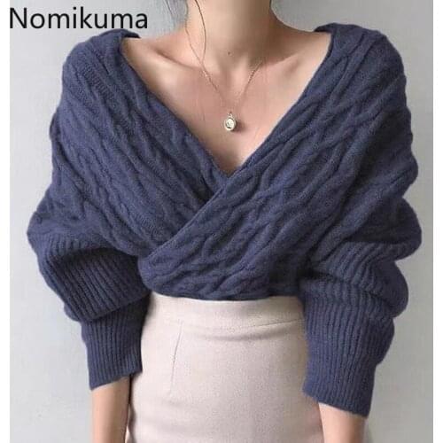 Nomikuma Batwing Sleeve V Neck Cropped Sweater Women 2021 New Thicken Solid Color Slim Waist Pullover Jumpers Casual Fashion