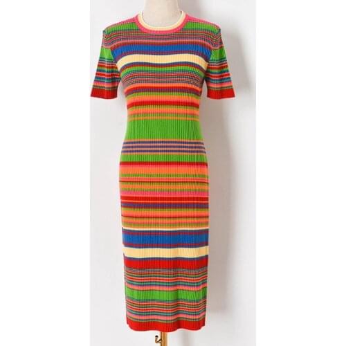 Rainbow Striped Bodycon Dress Women 2021 Summer Dress Vestido De Mujer Round Neck Short Sleeve Knitted Midi Dress