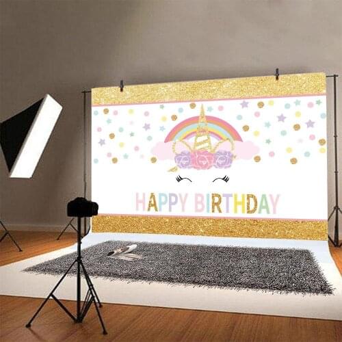 Golden Rainbow Unicorn Cartoon Girls Cake Photography Backdrops Photocall Birthday Party Background Studio Shoot