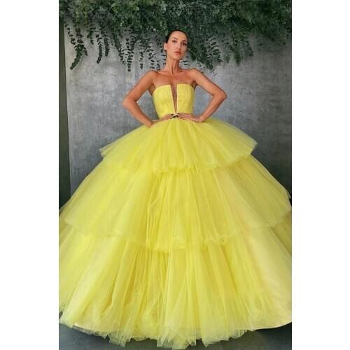 2020 Yellow Strapless Ball Gown Prom Dresses Sleeveless Long Tulle Formal Evening Party Gowns Robe De Soiree