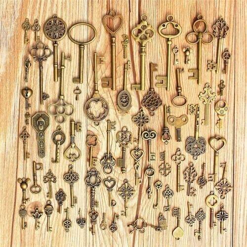70 PCS Collectibles Skeleton Keys Fancy Heart Bow Pendant Assorted Antique Vintage Old Look Bronze Pendants charms Vintage Key