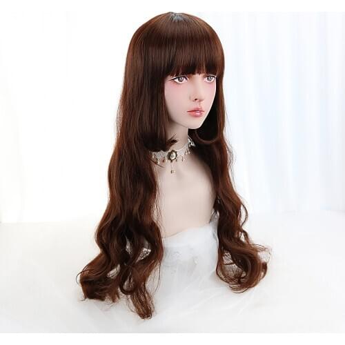 Free Beauty Long Wavy Wigs Synthetic Hair Brown Lolita Cosplay Wig with Blunt Bangs for Women Halloween Party Costume