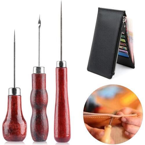 Wooden Handle DIY Leather Tent Sewing Awl Pin Punch Hole Repair Tool Hand Stitcher Leathercraft Needle Sewing Accessories