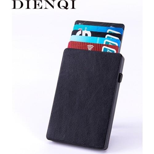 DIENQI Slim Carbon Black RFID Card Wallet Metal Men Push Button Card Holder Slim Leather Purse Male minimalist Card Case Wallets