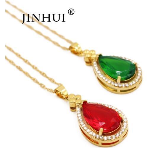Dubai madam Luxury jewelry Gold Color Necklaces Water Drop Green Red GEM Pendant for Women length 45/60cm France wedding gifts