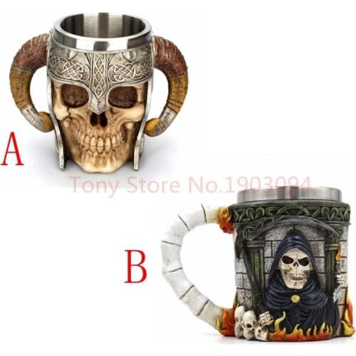 Stainless Steel Skull Mug Viking Ram Horned Pit Lord Warrior Beer Stein Tankard Coffee Mug Tea Cup Halloween Bar Drinkware Gift
