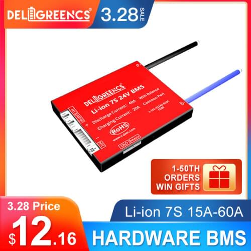 Deligreen 7S 15A 20A 30A 40A 50A 60A 24V PCM/PCB/BMS for 3.7V lithium battery pack 18650 Lithion LiNCM Li-Polymer Scooter