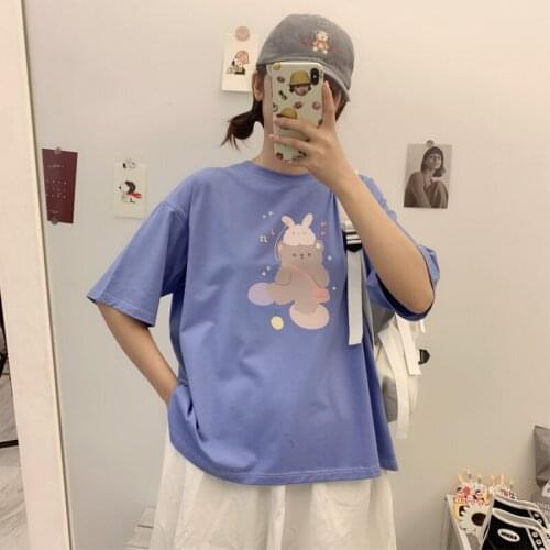 Sweet Loose Womens T-Shirt Kawaii O-Neck Top Harajuku Cute Cartoon Print Short-Sleeved Tees Japanese All-Match Girly Clothing