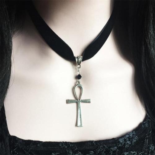 Fashion Ankh Necklace Black Velvet Collar Egyptian Cross Pendant Ankh Immortal Gothic Witch Jewelry Gifts for Women