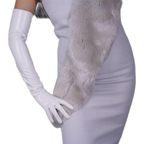 Fashion Women Patent Leather Long Gloves Extra Long Elbow PU Simulation Leather Bright Leather Mirror white 60cm B09