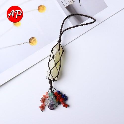 1pc Natural Yellow Stone Citrine Crystal Point Hand Woven Net Bag Pendant Gemstone Wand Accessories For car / bag Hanging