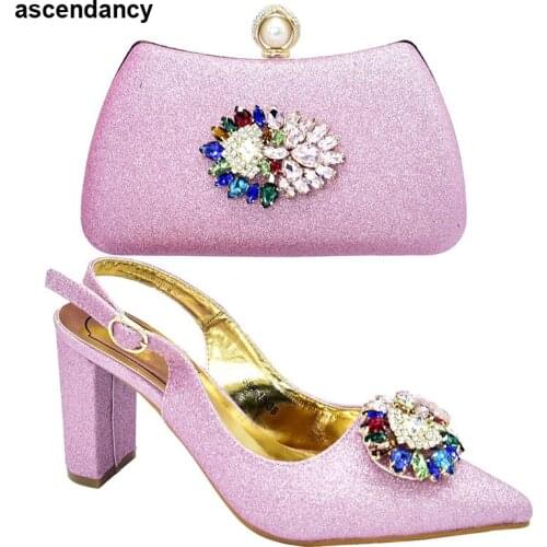 Latest Design Italian Shoes with Matching Bags High Quality Italian Shoes with Matching Bags Set Decorated with Rhinestone