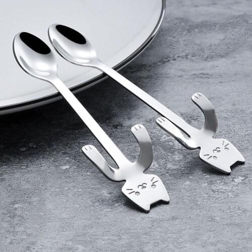 Cartoon Cats Long Handle Stainless Steel Coffee Tea Hanging Spoon Kitchen Supplies Ice Cream Coffee Dessert Scoop for Canteen