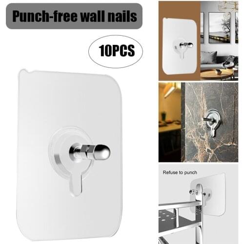 Flat 10pcs Adhesive Wall Screws Hanging Nails Wall Hook Self Adhesive No Drilling Non-Trace TSL1
