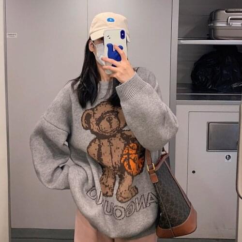 Teddy Bear Women Loose Casual Knitted Pullovers Couple Clothing Spring Autumn Cartoon Bear Sweatshirts O-Neck Pullover Sweater