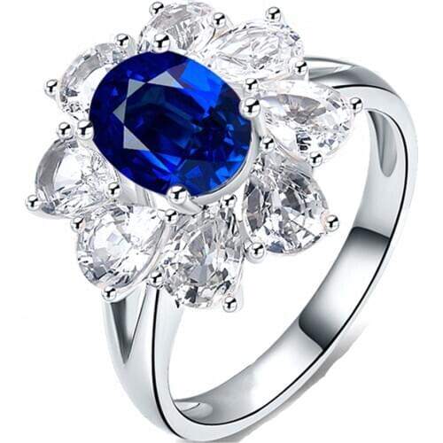 Luxury blue crystal sapphire gemstones rings for women AAA zircon diamonds white gold silver color jewelry bijoux gift bague