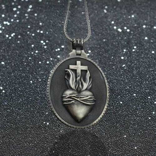 Christian Jesus Sacred Heart Medal Round Cross Pendant Necklace Mens Catholic Religious Pendant Chain Necklace