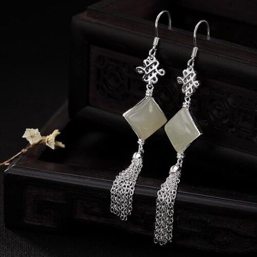 S925 sterling silver Chinese knot auspicious knot inlaid Hetian white jade tassel ladies earrings