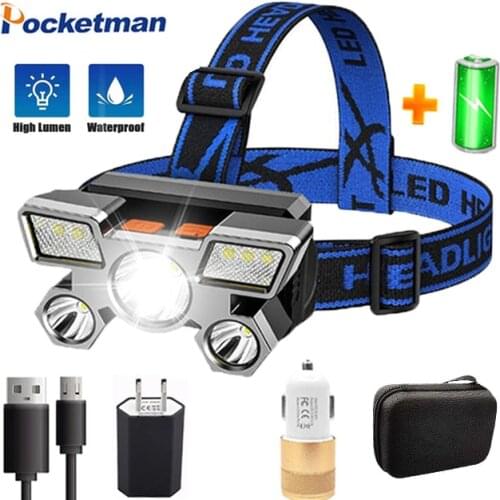 Most Bright LED Headlamp Strong Light Head-Mounted Flashlight Built-in 18650 Battery Night LED Headlight 5 Light Sources Lantern