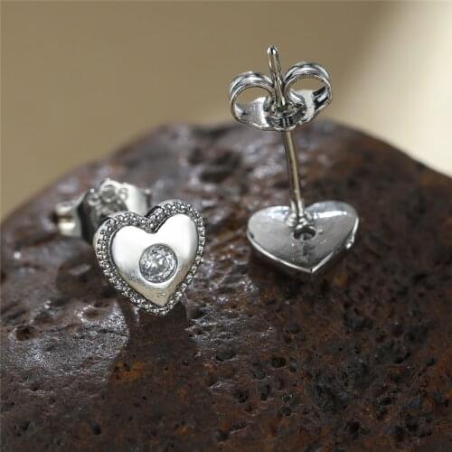 White Round Small Stone Earrings Dainty Love Heart Stud Earrings Vintage Silver Color Wedding Earrings For Women Couples Jewelry