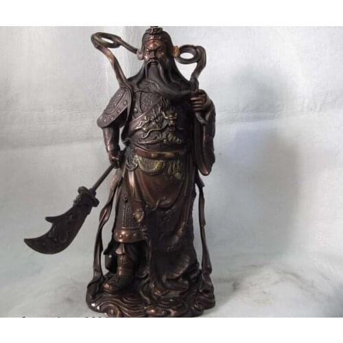 16'' Chinese Folk Fane Red Copper Bronze Dragon Guan Gong Guan Yu Warrior Statue 40cm