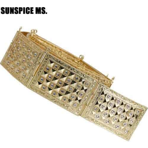 Sunspicems Metal Waist Belt for Women Morocco Caftan Jewelry Body Chain Gold Color Full Crystal Adjustable Length Wedding Girdle