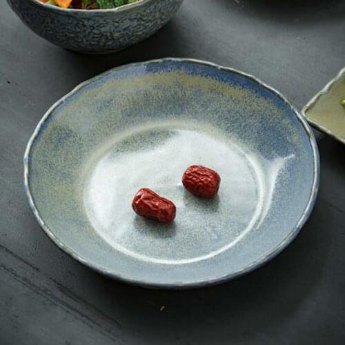 Japanese style stoneware kiln change plate handmade retro round rice plate ceramic tableware household dish plate shallow plate