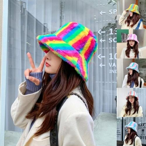 Outdoor Autumn Winter Imitation Rabbit Fur Bucket Hats Cute Fashion Fisherman Hats Printed Flat Top Hats For Women Lady