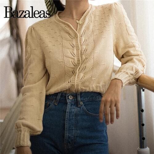 Bazaleas Vintage Long Sleeve Women knitwear Fashion Knitted cardigan France Cream Twist Women Sweater
