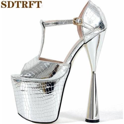 SDTRFT US10 11 12 Summer Sandals 20cm Strange Stryle High-Heeled Female Shoes Gold/Sliver Platform Women T-strap Peep Toe Pumps