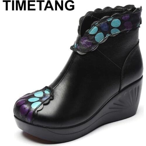 TIMETANGHigh End Printing Full Cowhide Leather Boots Autumn Boots Thick Bottom Wedges High Heel Boots Warm Winter Boots Snow Sho