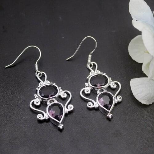Hermosa Fancy Nice PurpleAmethyst Silver Color Earrings For Women Fashion Jewelry 1 7/8 Inch ME067