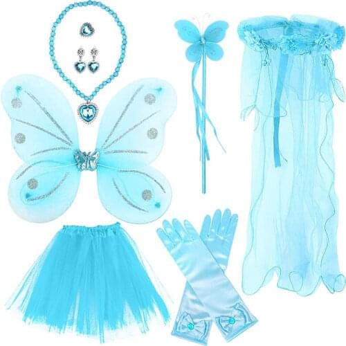 Halloween Girls Role-Playing Costume Tulle Tutu Skirt Double Layer Butterfly Wings Magic Wand Headwear Earrings Accessory Suit