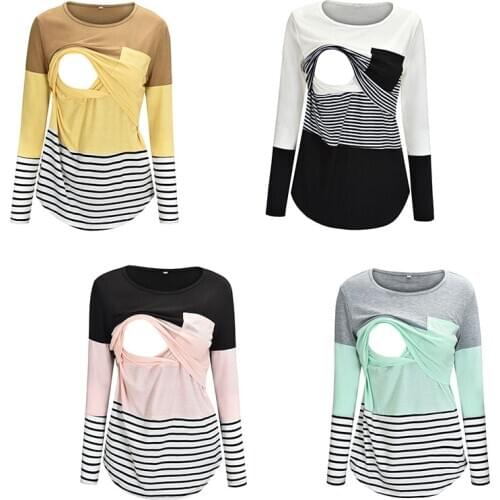 1Pcs Stripe Splicing Breast-feeding Cotton Long Sleeves Pregnant Supplies 4 Colors Women Nursing T-Shirt