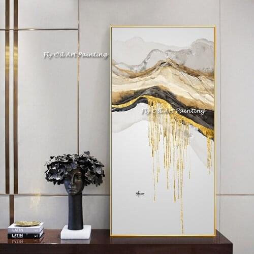 100% Handmade Abstract Gold Foil Grey Canvas Oil Painting Large Size Hand-painted Frameless Wall Art Home Decoration Gift