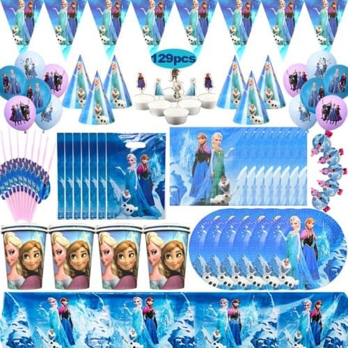 129Pcs/lot Disney Frozen Anna Elsa High Quality Disposable Tableware Cup Plate Kid Birthday Napkin Banner Decoration Set Supply