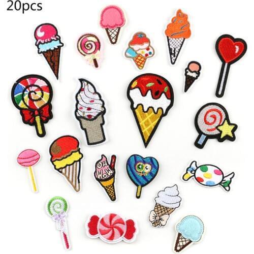 20Pcs Cartoon Sweets Lollipop Ice Cream Patches Iron On Kids Embroidered Decorative Sewing Applique for Clothes Bag DIY