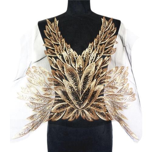 57CM Gold Sequins Feather Leaves Black Mesh Lace Trims Sew On Patches Embroidery For Wedding Appliques Decoration DIY