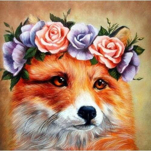 5d diy diamond painting fox head with flowers on the square / round animal diamond art sticker