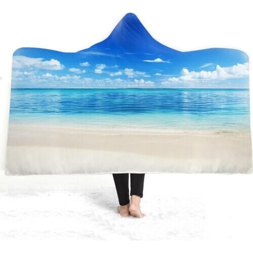 Free shipping Birthday New Year Gift Ocean Sea Beach Pattern Adult Kids Sherpa Fleece Hooded Blanket Sofa Throw Camping Travel