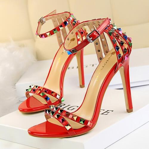 BIGTREE Elegant Buckle Womens Sandals Solid Pu Fashion Rivets High Heels Sandals Women Cut-outs Party Shoes Women Bling
