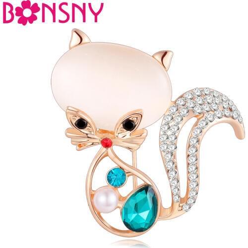 Bonsny Opal Crystal Cat Kitten Brooch For Women Brooches Pin Collar Suit Scarf Decoration Souvenir New Fashion Animal Jewelry