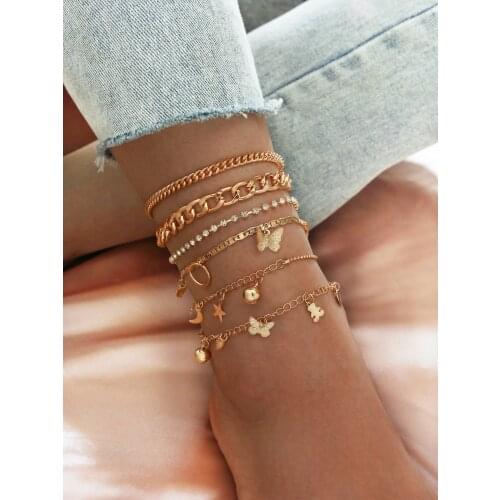 Stillgirl 6Pcs Bohemia Crystal Butterfly Anklets for Women Metal Vintage Multilayer Star Moon Chains Female Gift Fashion Jewelry